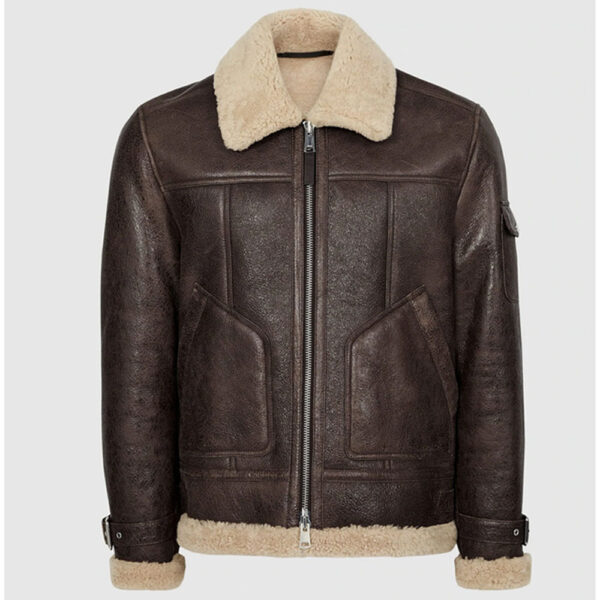 Brown Aviator Leather Jacket with Shearling Collar