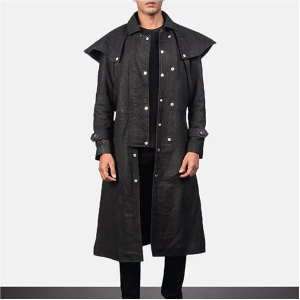 Mens Studded Black Leather Duster Coat