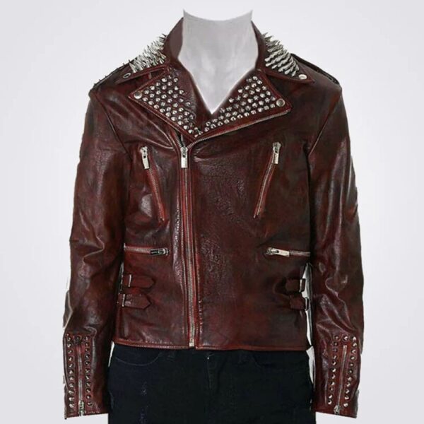 Burgundy Studded Leather Jacket