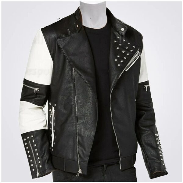 Black & White Genuine Leather Silver Studded Biker Jacket